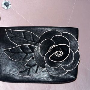 Black Faux Leather 3D Flower Wristlet/ Clutch Purse